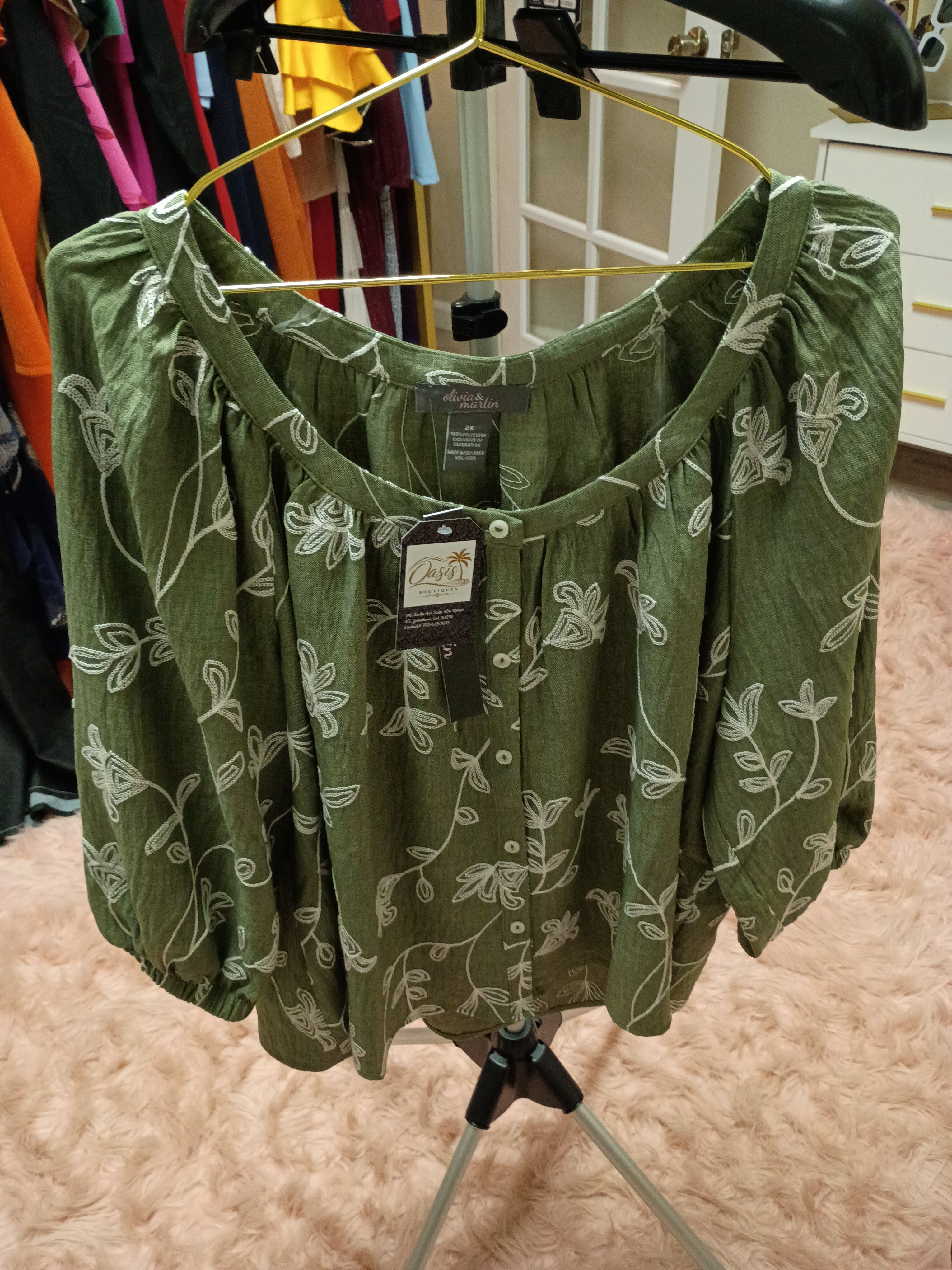 Olive Green Floral Vine Blouse - olivia & martin