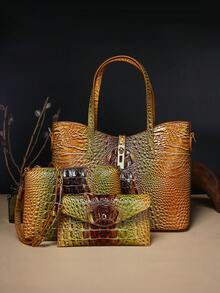 Large Capacity Faux Leather Tote - Yellow and Brown