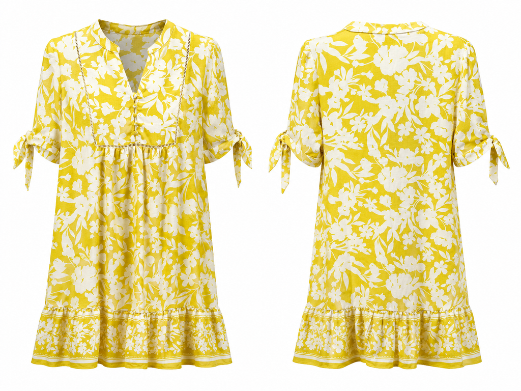 Fred David Yellow & White Floral Tie-Sleeve Dress
