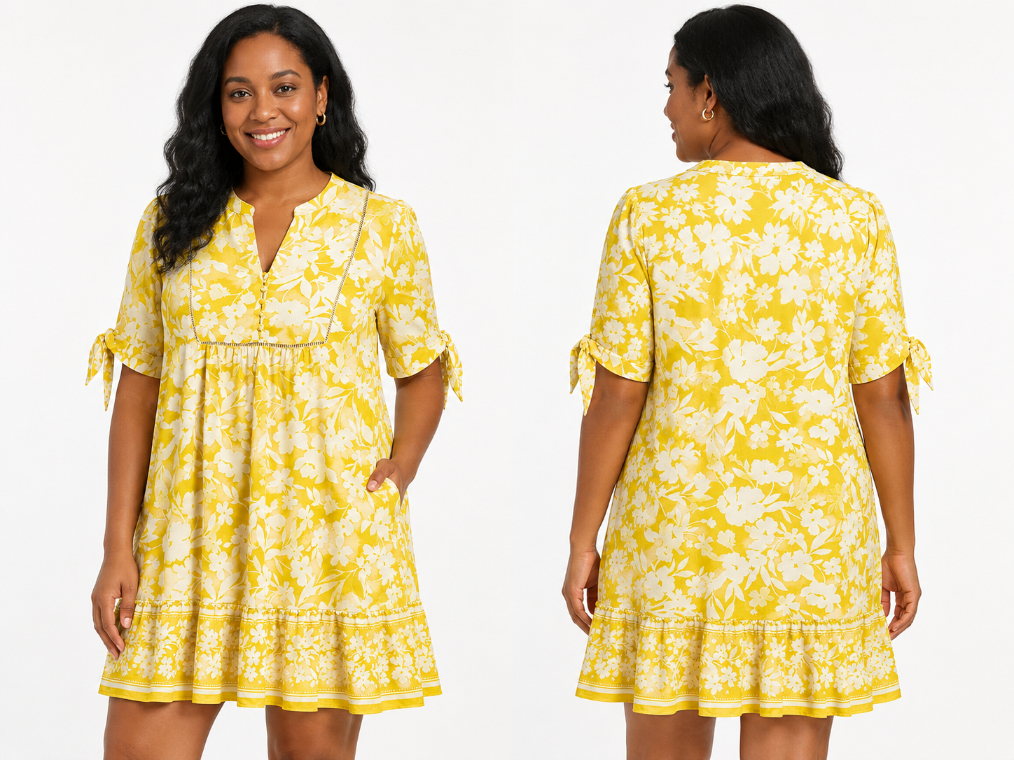 Fred David Yellow & White Floral Tie-Sleeve Dress
