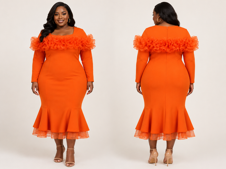 Orange Mermaid Dress with Ruffles - Serafina Premium Apparel