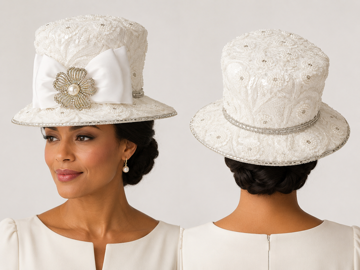 White Floral Pearl Church Hat - Whittall & Shon Fashion Hats