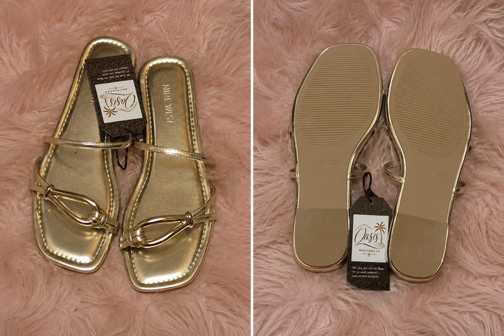 Gold Metallic Embellished Flat Sandals - Nine West