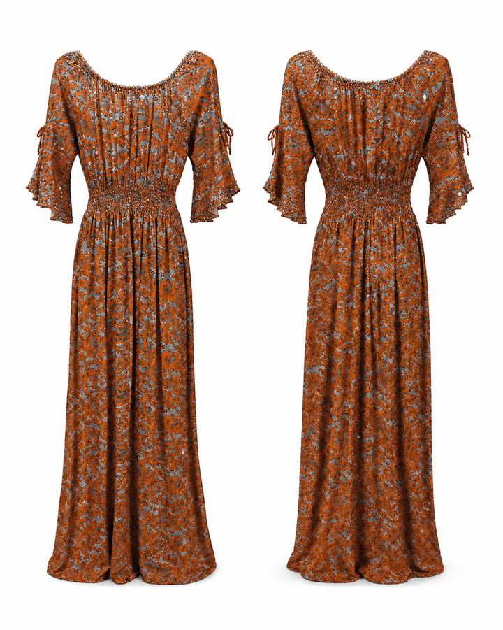 Orange with Abstract Print Smocked Maxi Dress - Seven Islands NY