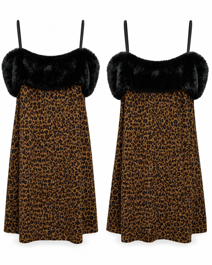 Leopard Print Faux Fur Trim Dress - Emily