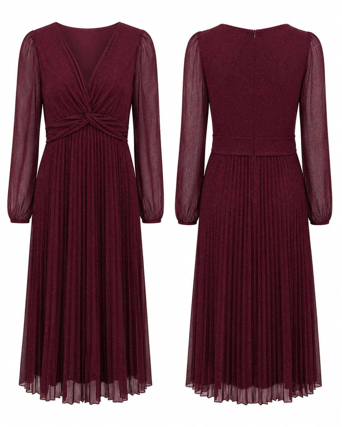 Burgundy Shimmer Pleated Dress - Maison Tara