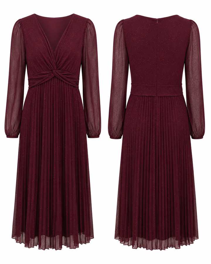 Burgundy Shimmer Pleated Dress - Maison Tara