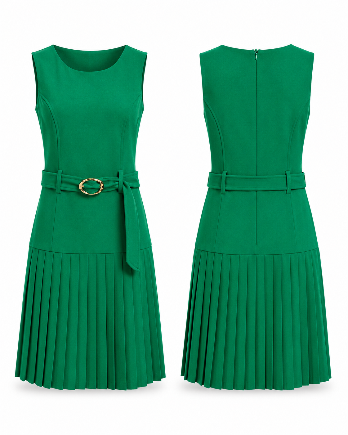 Green Sleeveless Pleated Belted Dress - Shelby & Palmer