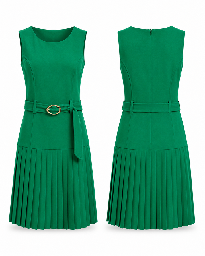 Green Sleeveless Pleated Belted Dress - Shelby & Palmer