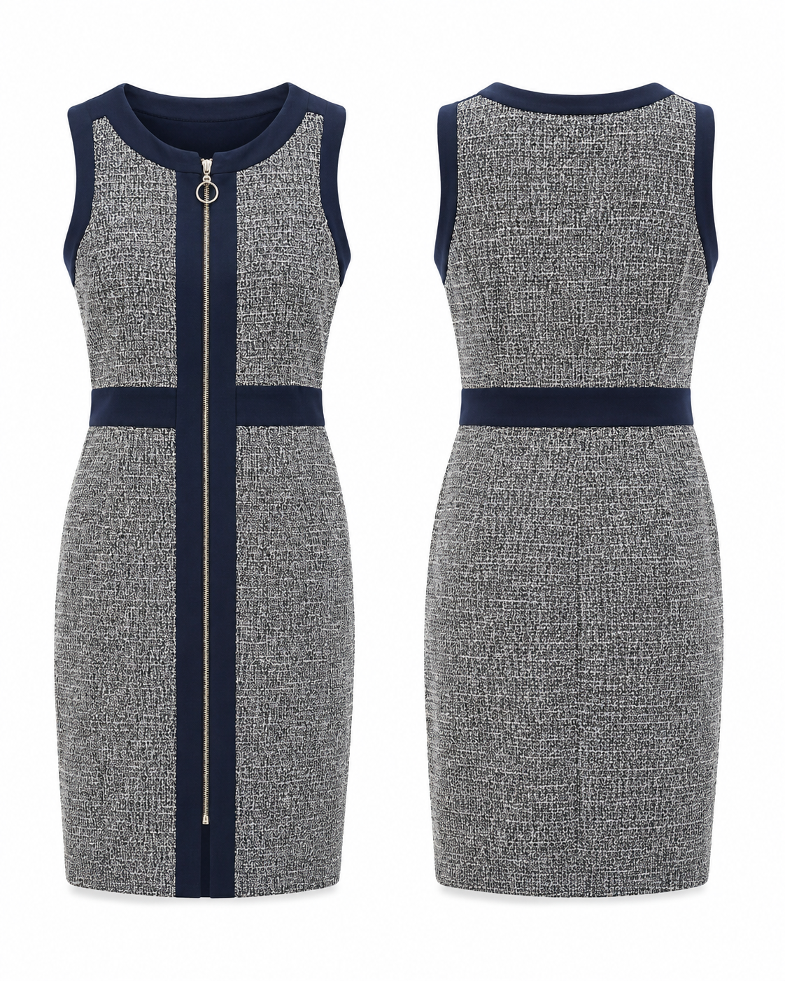 Gray and Navy Tweed Zip-Front Sheath Dress - Shelby & Palmer