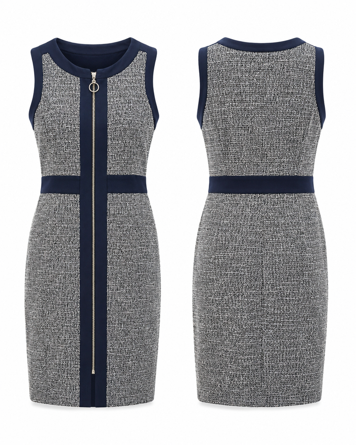 Gray and Navy Tweed Zip-Front Sheath Dress - Shelby & Palmer