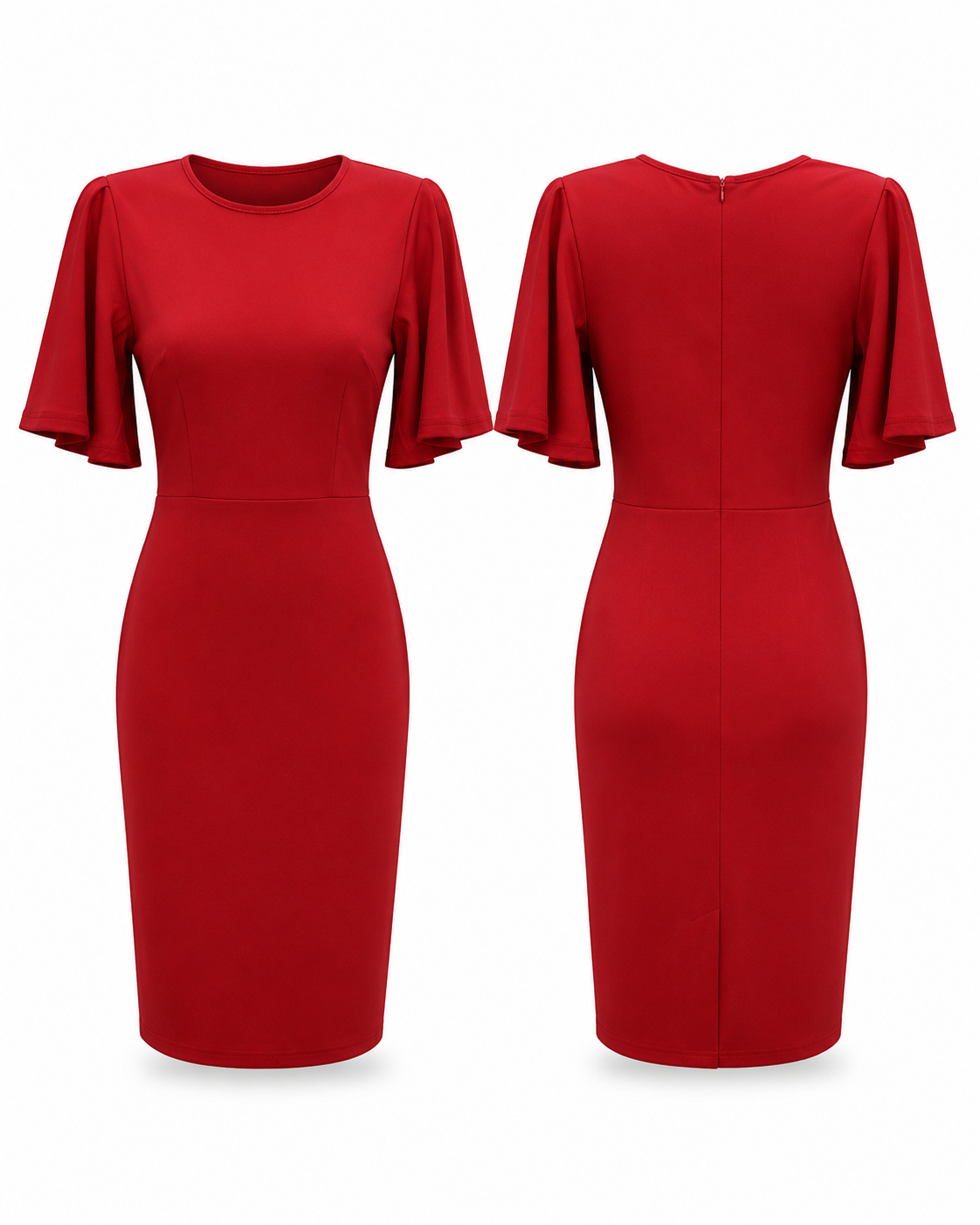 Red Flutter-Sleeve Sheath Dress