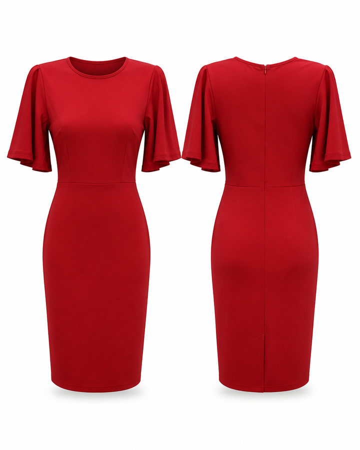 Red Flutter-Sleeve Sheath Dress