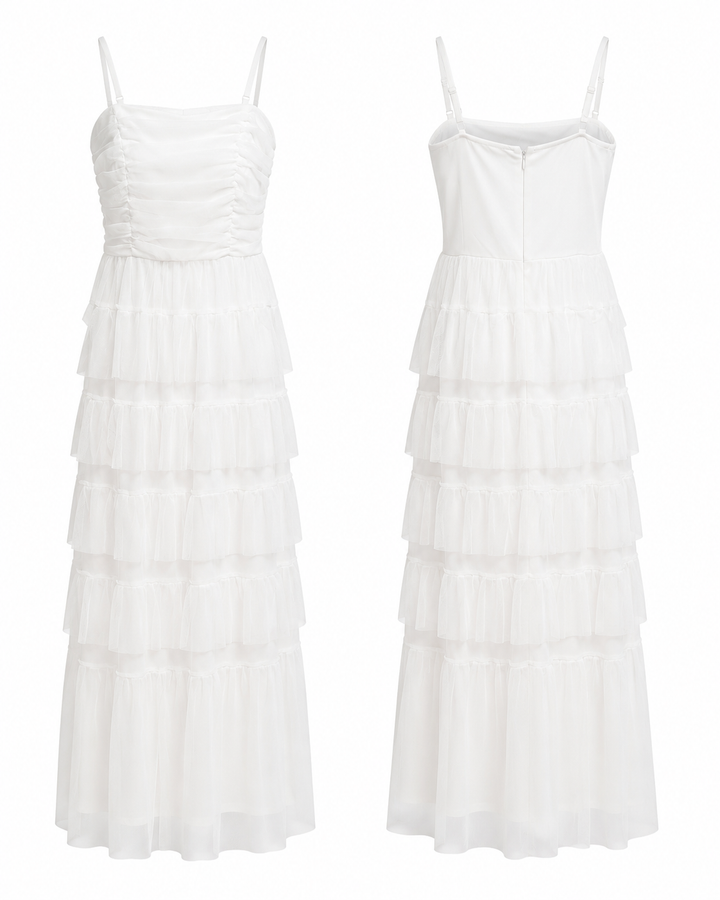 White Tiered Ruffle Maxi Dress - Candalite Petite