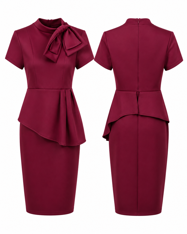 Burgundy Bow-Detail Peplum Dress