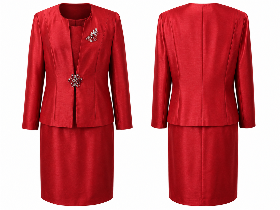 Red Embellished Three-Piece Skirt Suit - Nina Massini