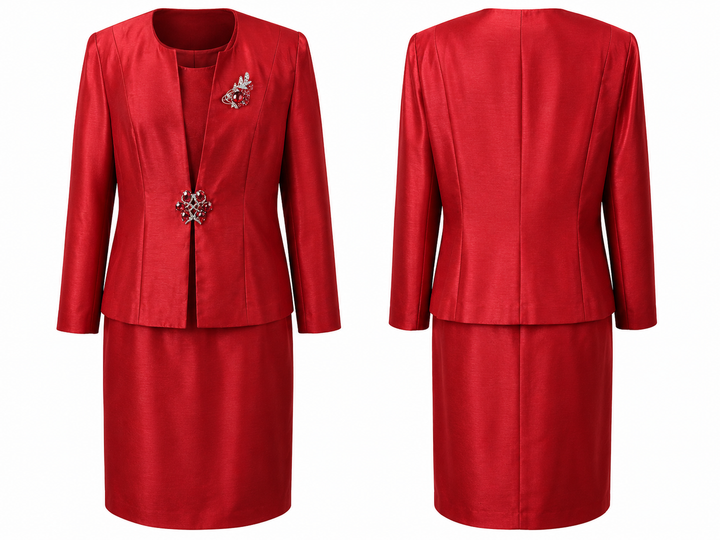 Red Embellished Three-Piece Skirt Suit - Nina Massini