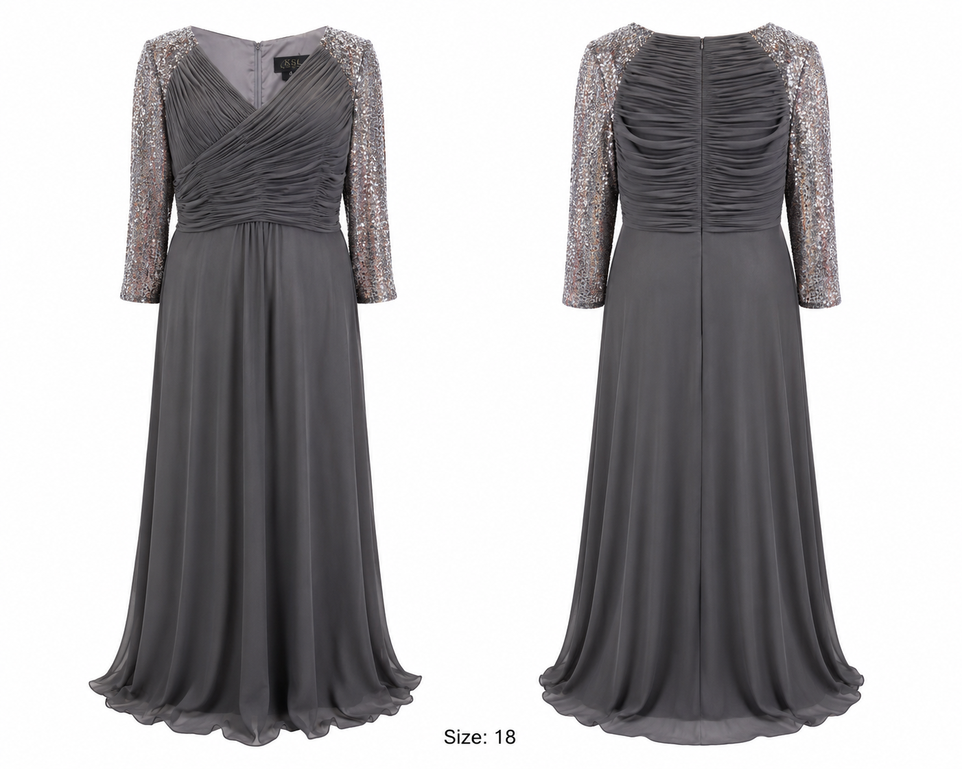 Charcoal Gray Sequin-Sleeve Evening Gown - Elite Champagne
