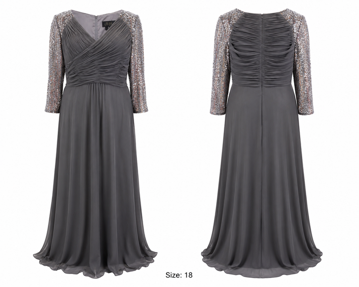 Charcoal Gray Sequin-Sleeve Evening Gown - Elite Champagne