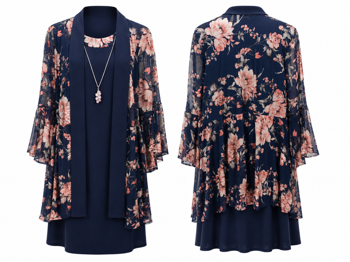 Navy Floral Two-Piece Dress Set with Necklace - R & M Richards