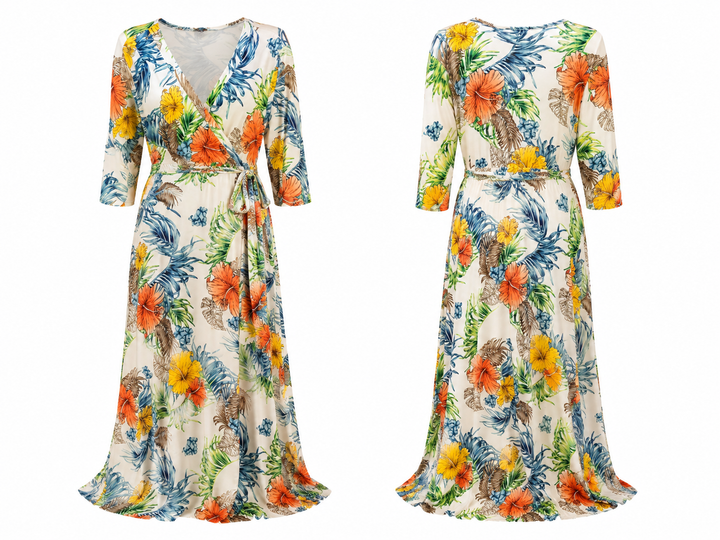 Ivory Tropical Floral Wrap Maxi Dress - Spin U.S.A.