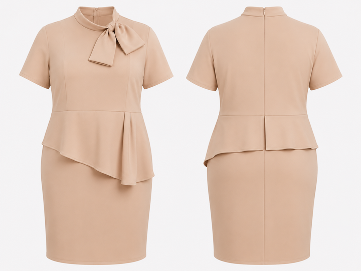 Khaki Bow-Neck Peplum Peplum Dress - LAGSHIAN