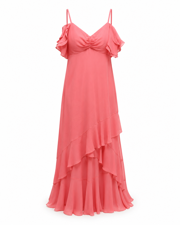 Coral Pink Ruffle Maxi Dress - R&M Richards
