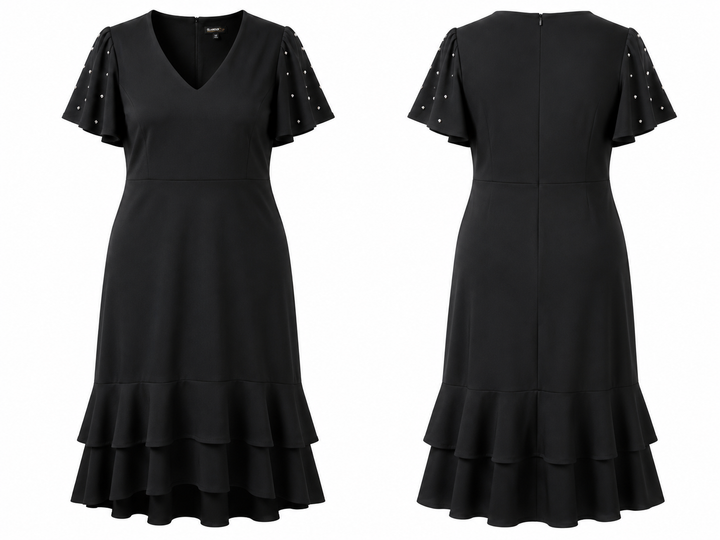 Black Embellished Ruffle-Hem Dress - Glamour Nights