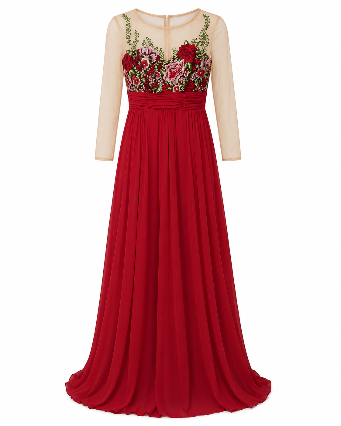 Embroidered Illusion Sleeve Evening Gown - Elite Champagne