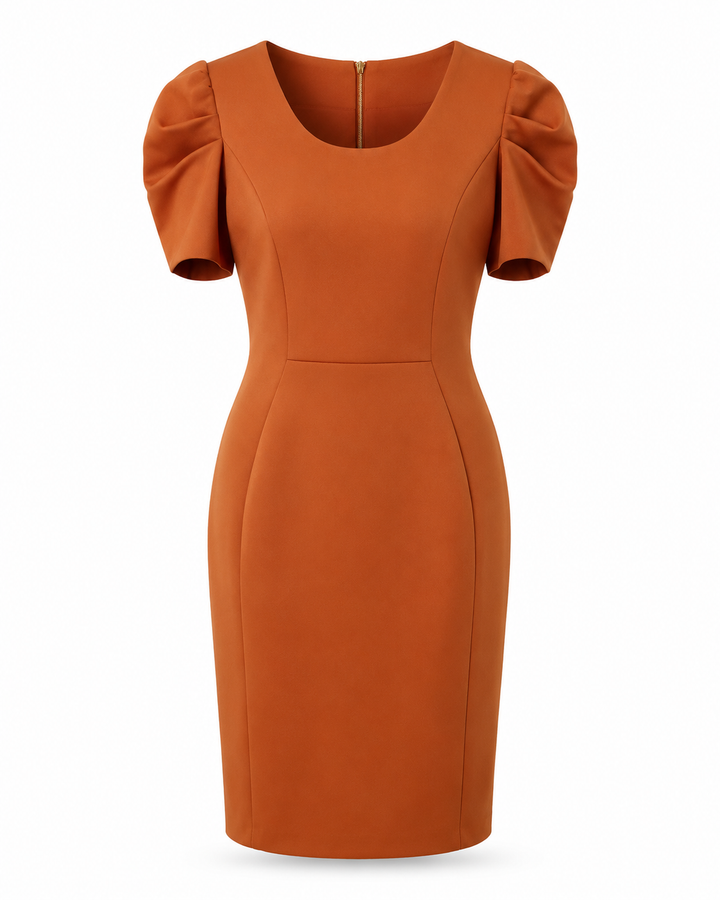 Rust Orange Puff Sleeve Sheath Dress - Calvin Klein