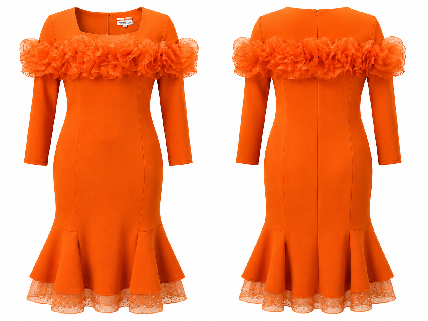 Orange Mermaid Dress with Ruffles - Serafina Premium Apparel