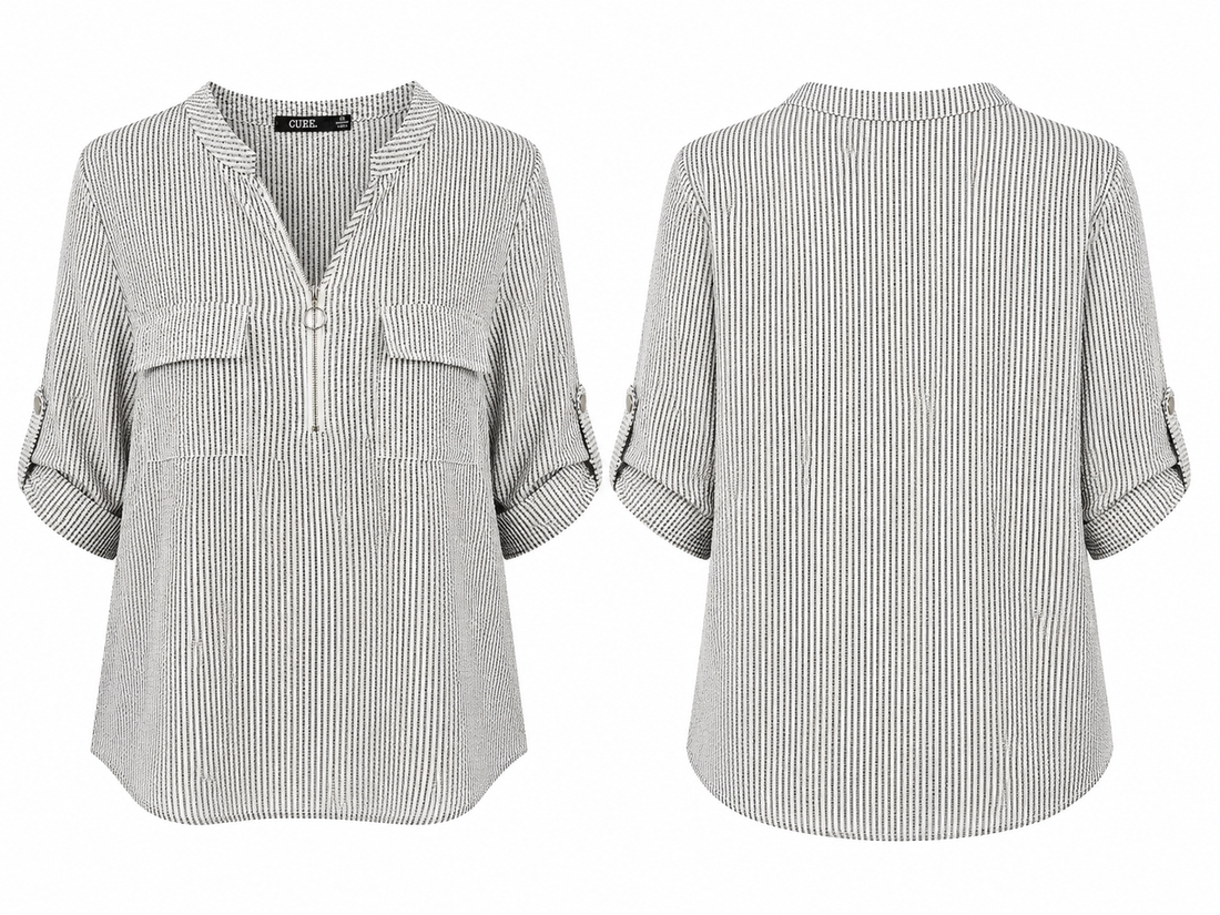 CURE Black-and-White Striped Zip Blouse