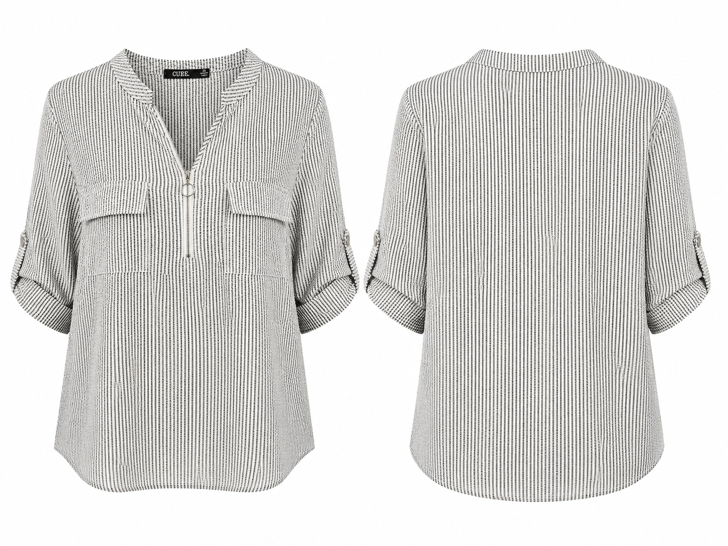 CURE Black-and-White Striped Zip Blouse