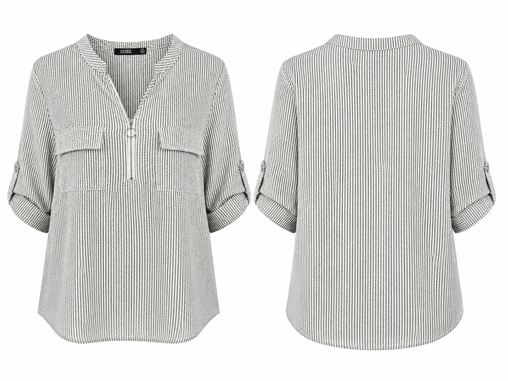 CURE Black-and-White Striped Zip Blouse