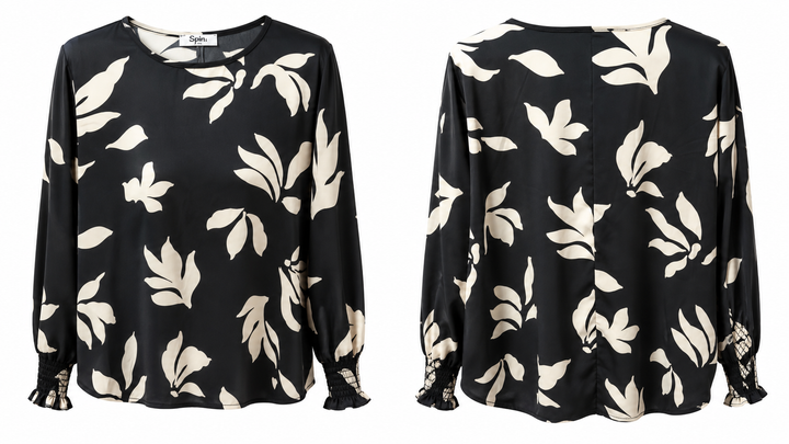Spin U.S.A. Black & Cream Leaf Print Blouse