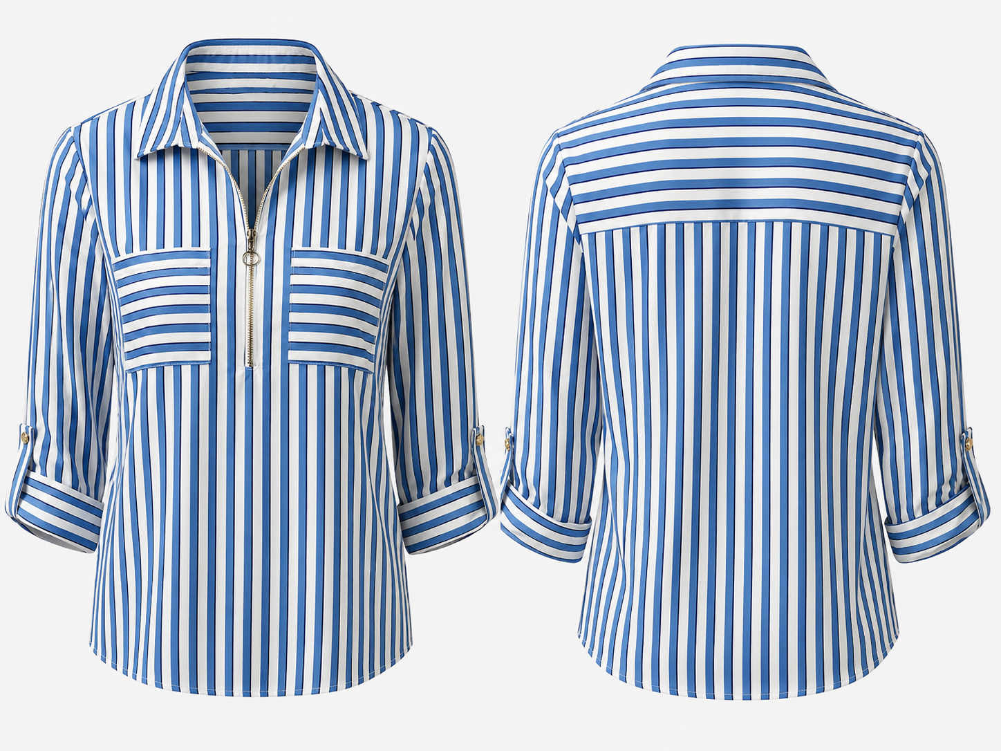 Notations Blue-and-White Striped Zip Blouse