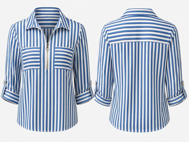 Notations Blue-and-White Striped Zip Blouse