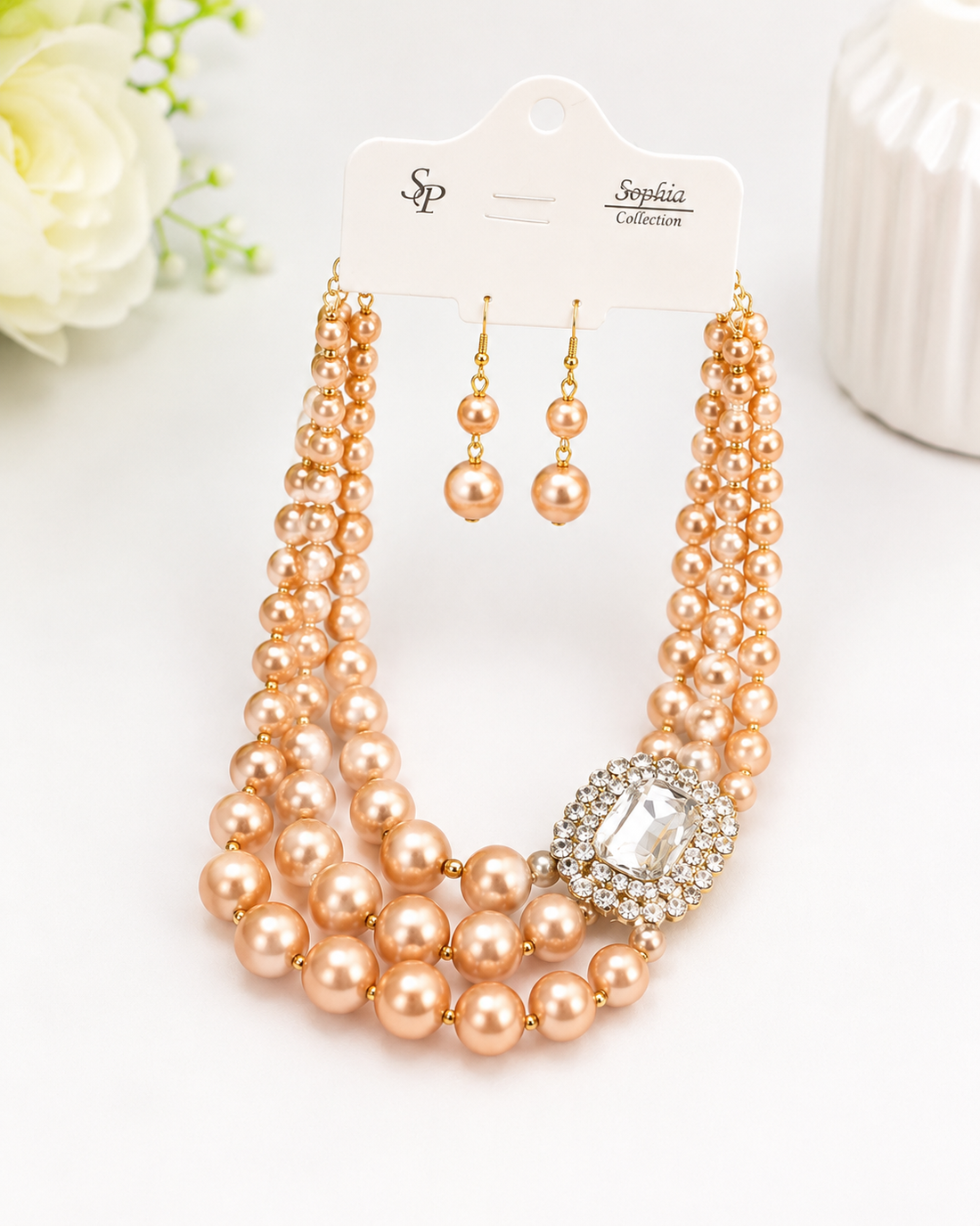Peach Pearl Rhinestone Necklace Set