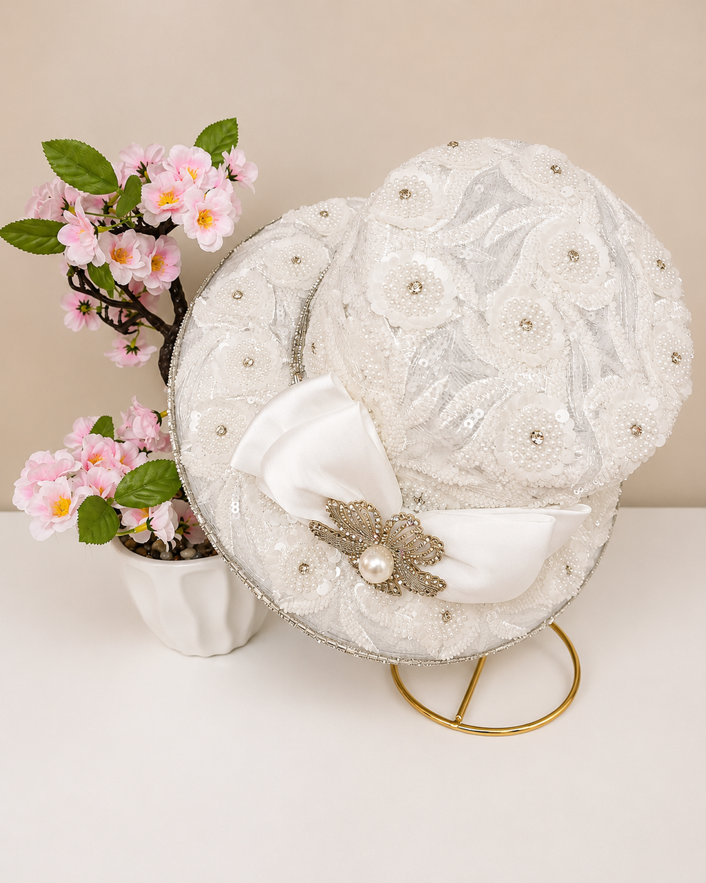White Floral Pearl Church Hat - Whittall & Shon Fashion Hats