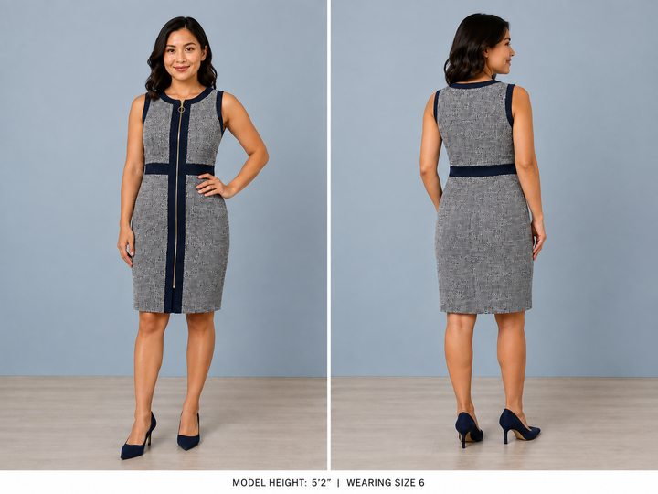 Gray and Navy Tweed Zip-Front Sheath Dress - Shelby & Palmer