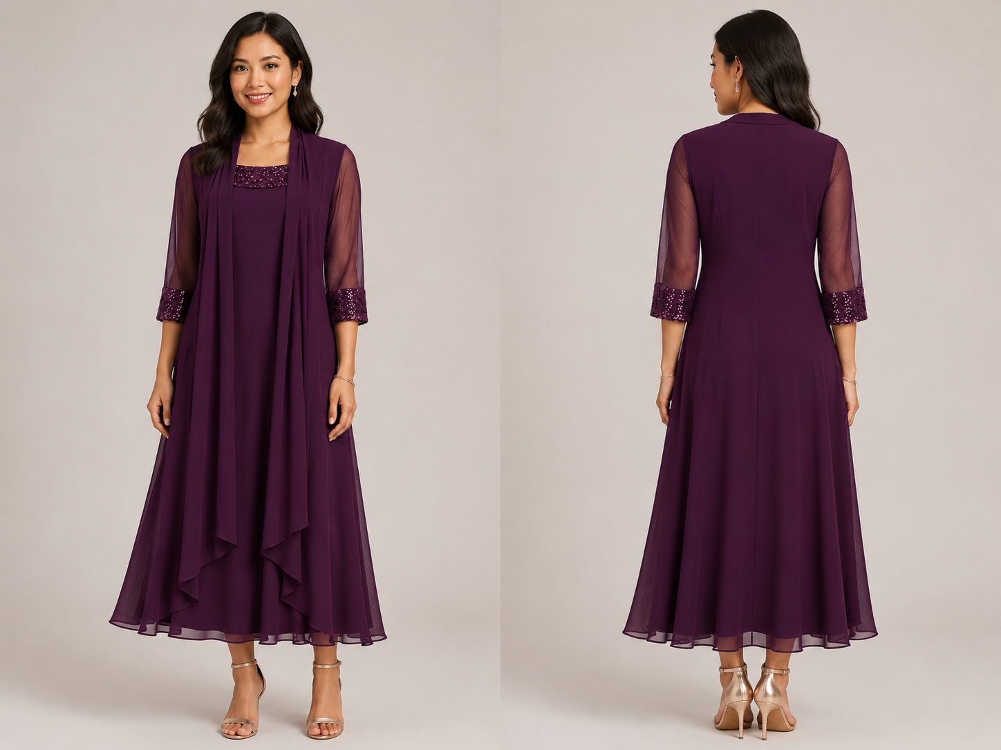 Plum Lace & Sequin Chiffon Dress - R&M Richards Petite