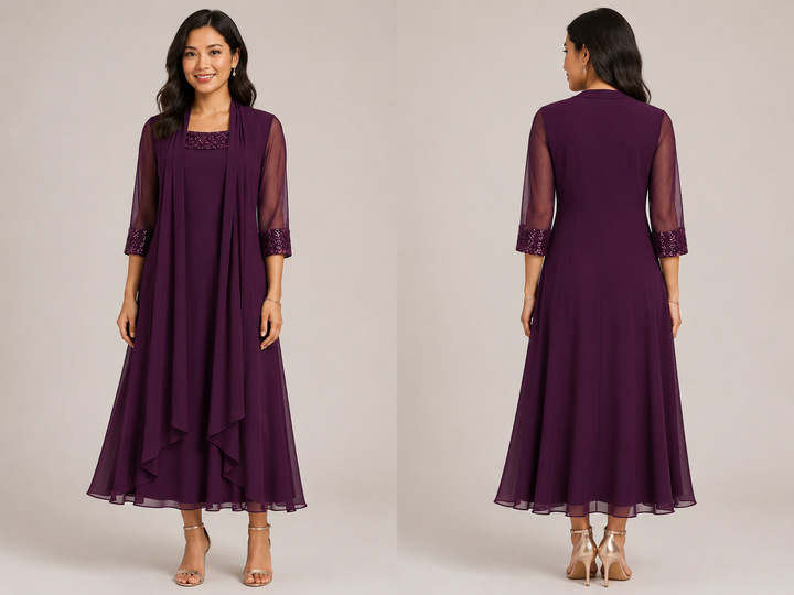 Plum Lace & Sequin Chiffon Dress - R&M Richards Petite