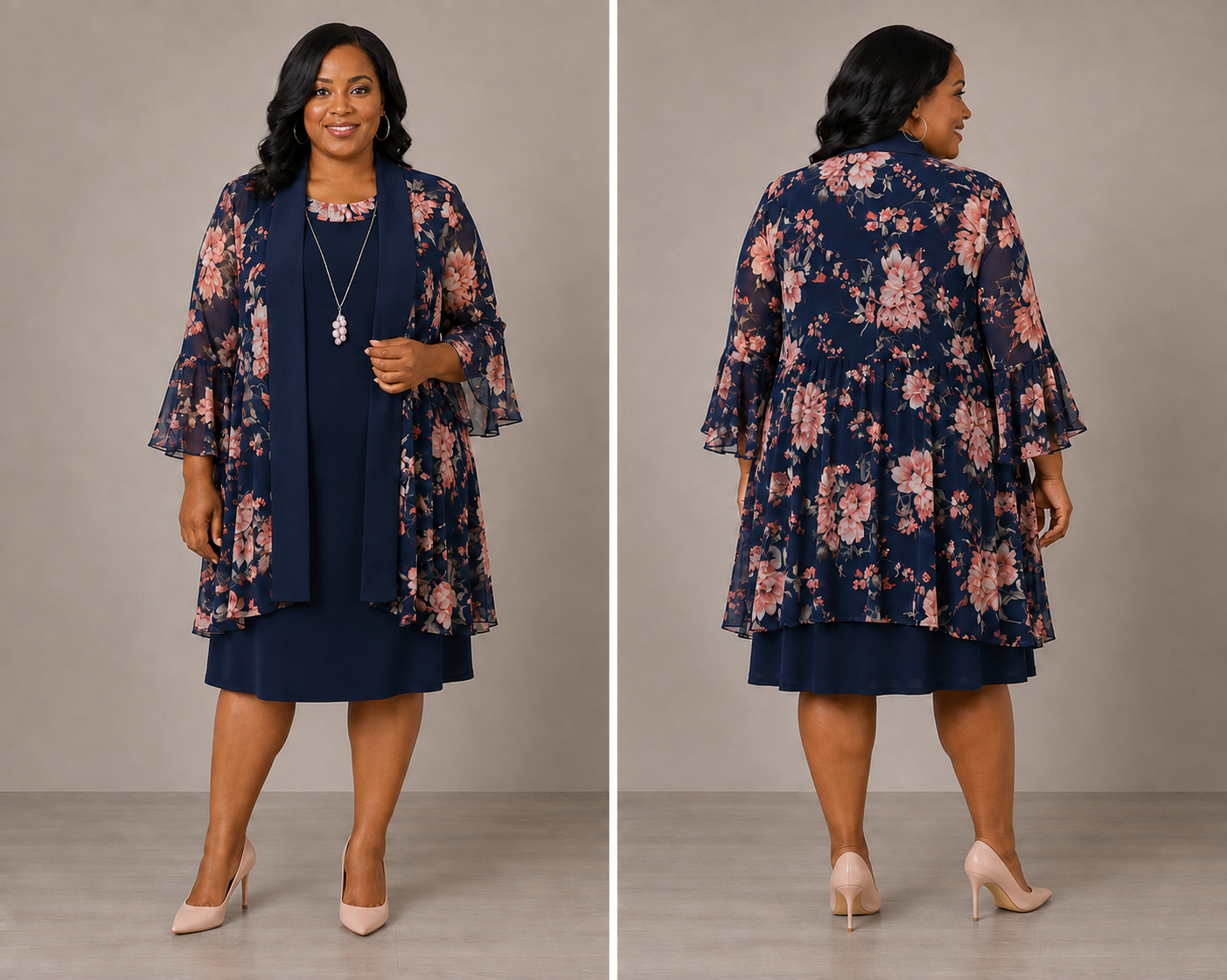 Navy Floral Two-Piece Dress Set with Necklace - R & M Richards