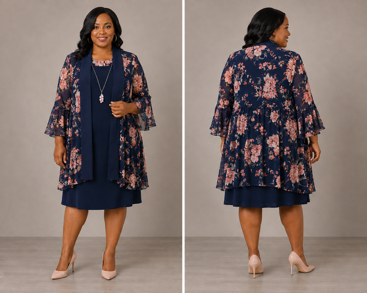 Navy Floral Two-Piece Dress Set with Necklace - R & M Richards