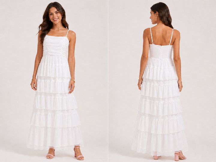 White Tiered Ruffle Maxi Dress - Candalite Petite