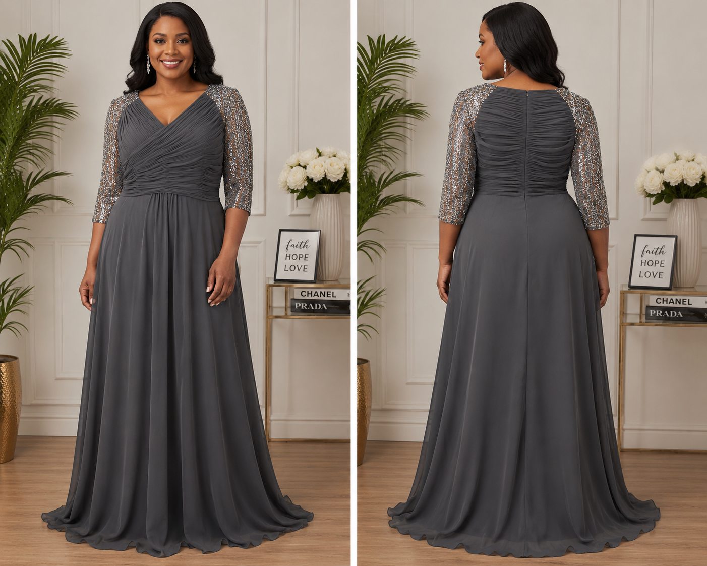 Charcoal Gray Sequin-Sleeve Evening Gown - Elite Champagne