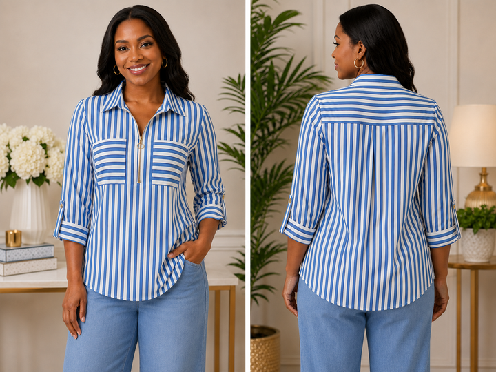 Notations Blue-and-White Striped Zip Blouse