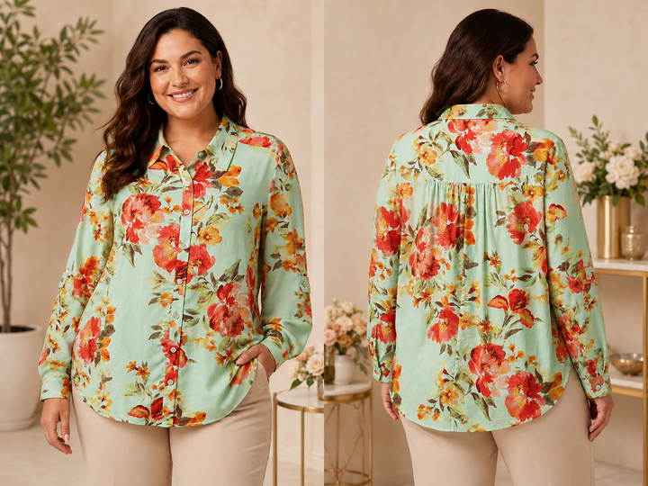 FIG + FLOWER Mint Floral Button-Front Blouse