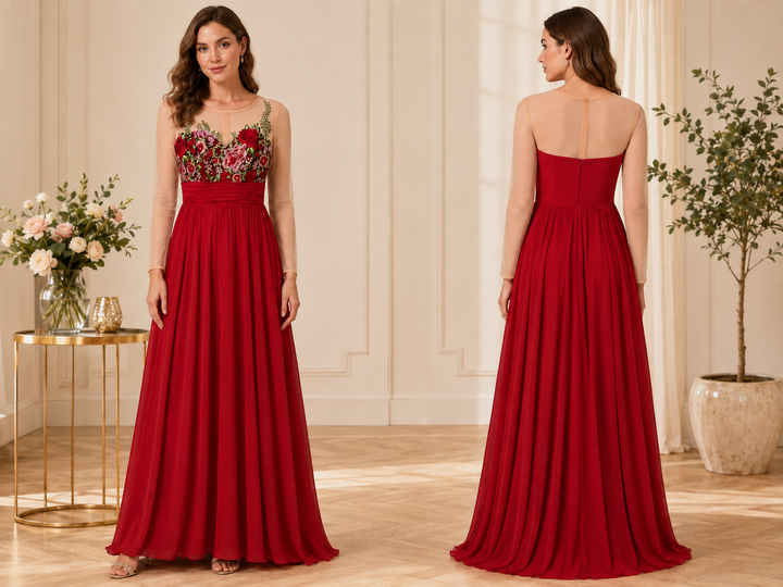 Embroidered Illusion Sleeve Evening Gown - Elite Champagne