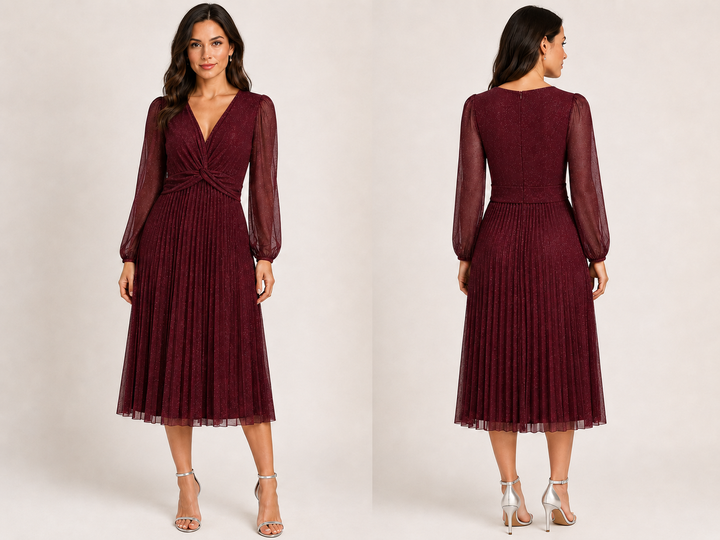 Burgundy Shimmer Pleated Dress - Maison Tara